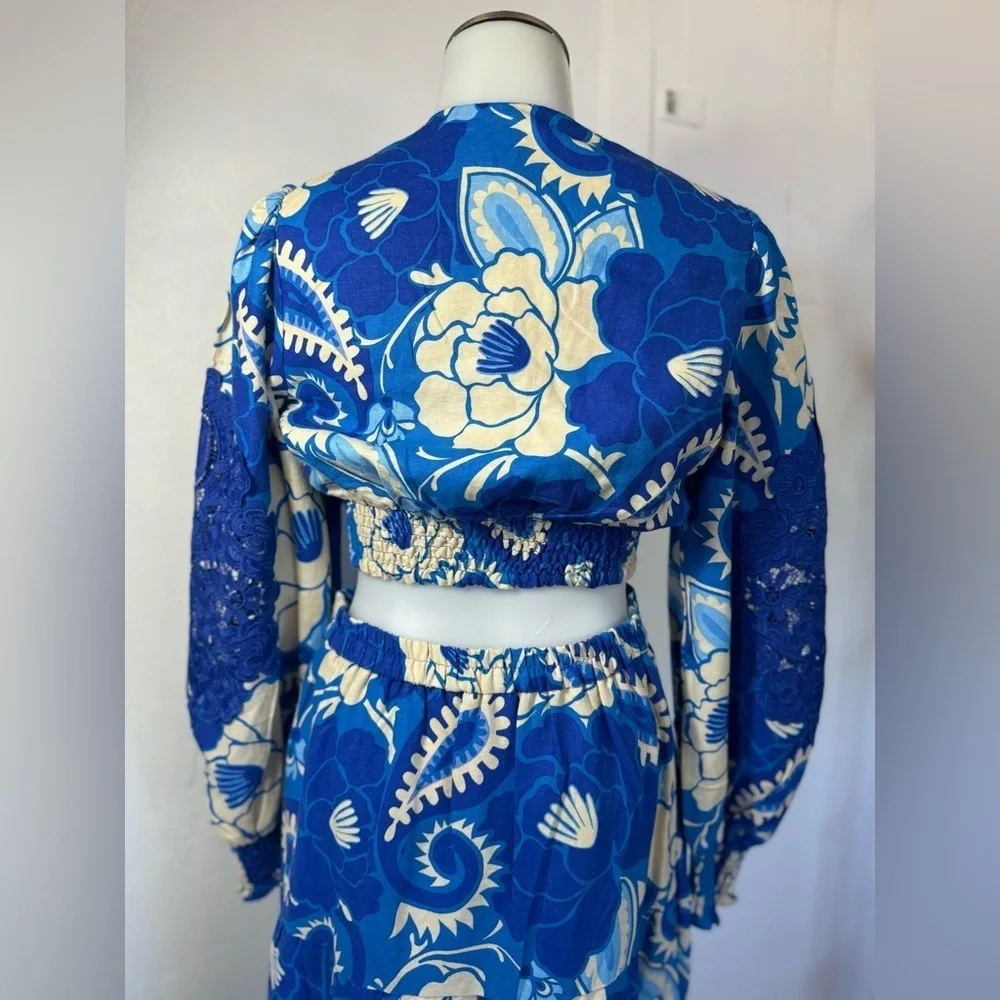 House of Harlow Long Sleeve Repeat Linen Top Tiered Skirt Set Matching flower - Picture 10 of 12